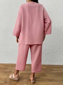 SHEIN Set di due pezzi per donne taglie forti: giacca aperta monocolore e pantaloni casual a gamba ampia