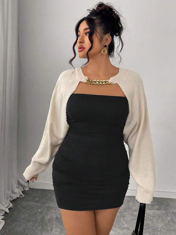 Elenzga Camiseta de punto de manga larga con detalle de cadena para tallas grandes, elegante