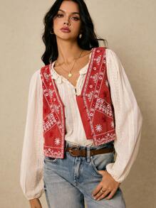 Poéselle Women Vacation Casual Embroidery Cropped Tank Top - Redwood - View 4