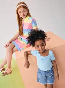 SHEIN Vestido ajustado de punto con cuello polo informal para niñas preadolescentes, primavera/verano - Multicolor - Ver 5