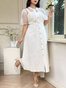 SHEIN Clasi Plus Size White,Summer,Elegant,Silky,Wedding Guest Sheer Front Tie Cardigan & Jacquard Slip Dress Set,Teacher Outfits Back To School Korean Style - Apricot - View 7