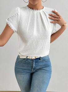 EMERY ROSE Women's Elegant Plain Color Laser Cut Fabric Frill Trim Peplum Sleeve Shirt White Blouse