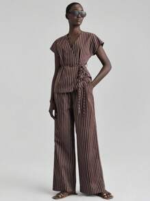 Ontre 2025 Autumn/Winter Women's Clothing, Fall/Winter Women's Wear, Back To School, Halloween, Christmas, Business Casual, Retro Dignified Elegant Versatile Outfit, Basic Apparel: Nashville Apparel Striped Print V-Neck Wrap Short Sleeve Top And Pocket Pants Two Pieces Set - Brown - View 4