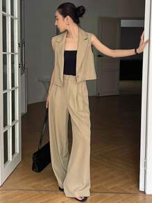 Livesso Women's Summer Sleeveless Collared Top And Loose Pants Two Pieces Set - Khaki - View 5