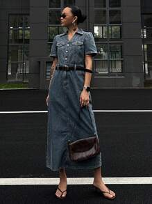 DAZY Women's Puff Sleeve Denim Dress, Spring/Summer Maxi Dress - Dusty Blue - View 2
