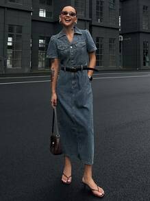 DAZY Women's Puff Sleeve Denim Dress, Spring/Summer Maxi Dress - Dusty Blue - View 3