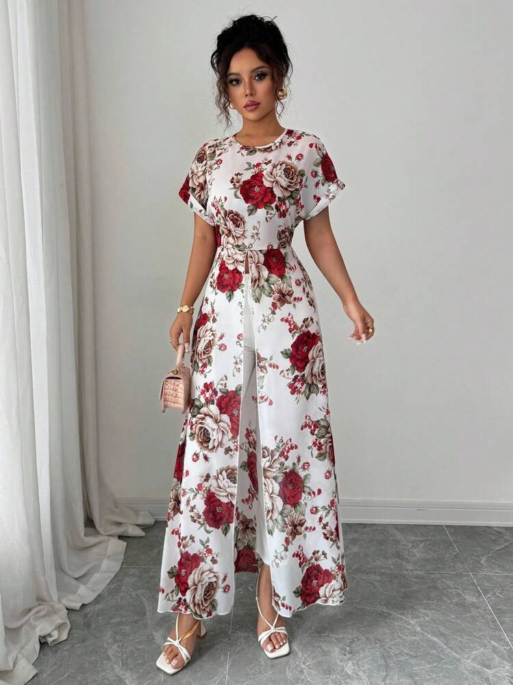 Breezaya Elegante camisa larga con abertura alta y estampado floral, de verano - Multicolor - Añade 5