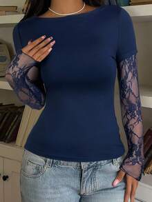 SHEIN EZwear 女士休闲藏蓝色蕾丝拼接长袖针织T恤 - 寶藍色 - 查看 6