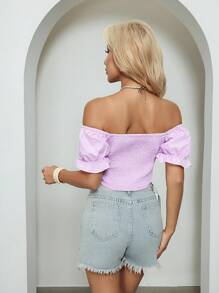 SHEIN LUNE بلوزة نسائية أنيقة بلون أحادي، فتحة الكتف، أكمام منتفخة، متدرجة الذيل، قصيرة وفارغة - الأرجواني - مشاهدة 2