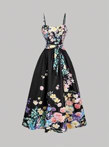 SHEIN MOD 女士蝴蝶结花卉印花连衣裙 - 黑色 - 查看 1