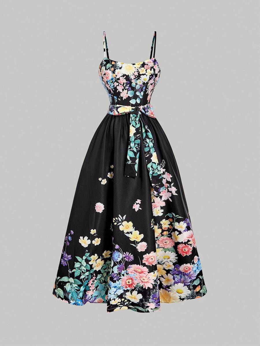 SHEIN MOD 女士蝴蝶结花卉印花连衣裙 - 黑色 - 查看 1