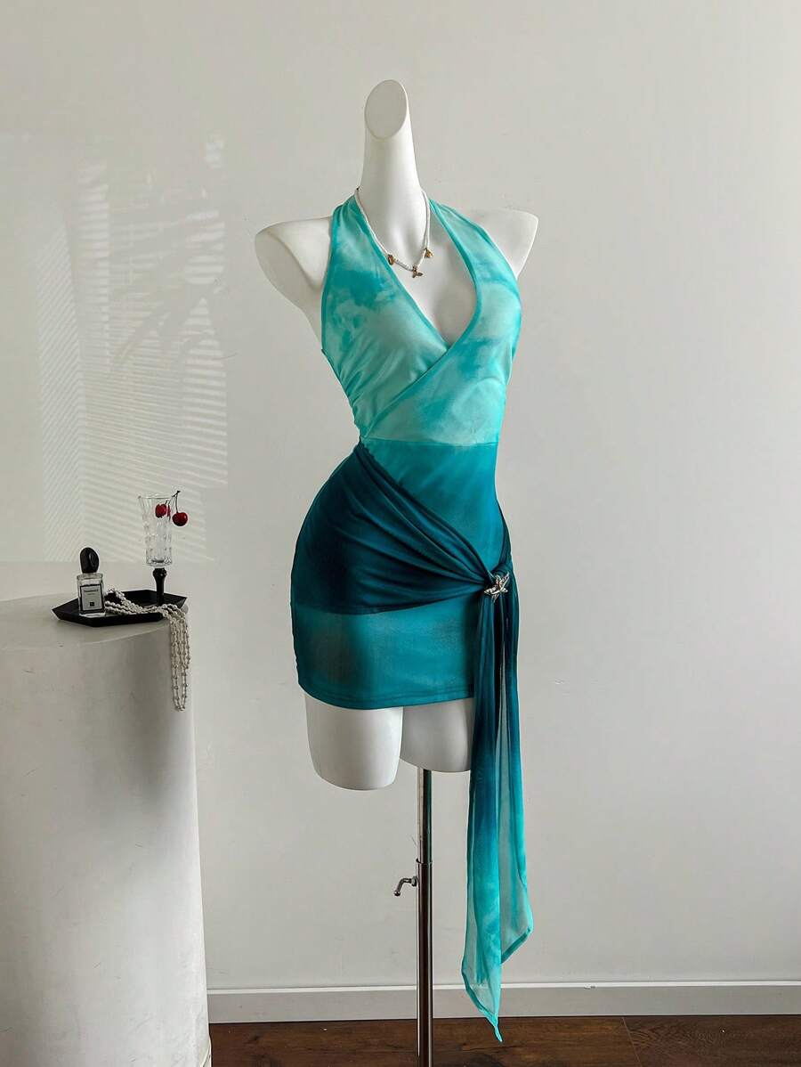 Flirla Vacation Style Tie Neck Tie Dye Print Mini Dress - Blue - View 1