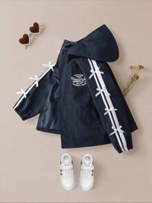 Elladie kids Tween Girls Casual Fashion Long Sleeve English Graphic Striped Trim Bow Decor Jacket Fall Winter - Royal Blue - View 3