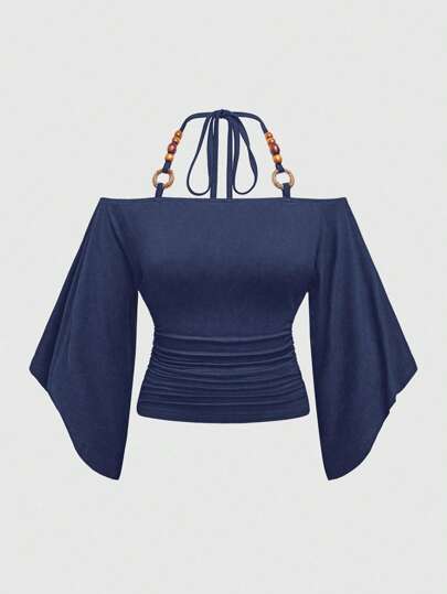 Hippie بلوزة محلاة بالخرز الخشبي ذات التصميم المنسدل والأكمام المُشكَّلَة على شكل خفاش مناسبة للمقاسات الكبيرة للسيدات بطراز عتيق