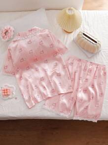Teen Girls Pink Cartoon Kitten Print Silk Pajamas Set,Cute Summer Short Sleeve Top&Shorts With Headband,Family Matching Holiday Home Outfit Pjs Set - Pink - View 2
