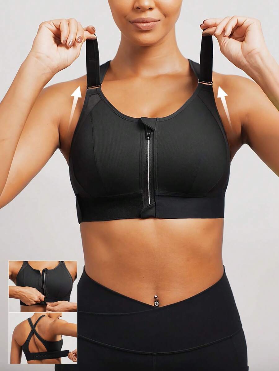 GLOWMODE High Support Zip Front Buckle Up Convertible Hook And Loop Wide Adjustable Strap Sports Bra Surgery Bra Gym