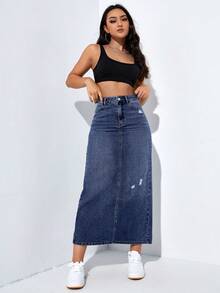 EURMUSE Casual Washed Distressed Long Denim Skirt - Dark Wash - View 3