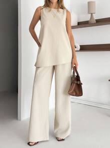 SHEIN Cottnline Women Solid Color Two Pieces Outfits Tops And Pant Sets Beige Two Piece Set Sleeveless Jumpsuit Elegant Jumpsuit Pant Suit Summer Sets Summer Two Piece Set - Beige - View 5