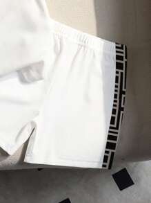 SHEIN Playful Pals 2 件套幼儿男童格子拼布印花圆领短袖 T 恤和格子拼布短裤套装 - 彩色 - 查看 6