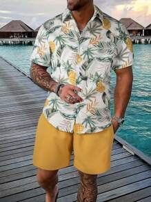Manfinity KASUA Men's Tropical Print Vacation Casual Shirt And Shorts Beach Outfit
