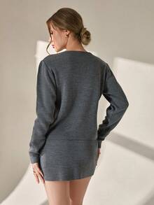 EURMUSE 女士开衫套装，搭配两件套迷你裙，优雅 - 灰色 - 查看 2