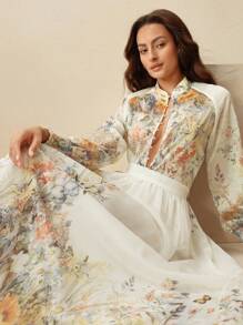 Anewsta 2 Pieces Set: Stand Collar Lantern Sleeve Printed Top + Skirt, Elegant & Graceful, European & American Style, 2025 New Arrival