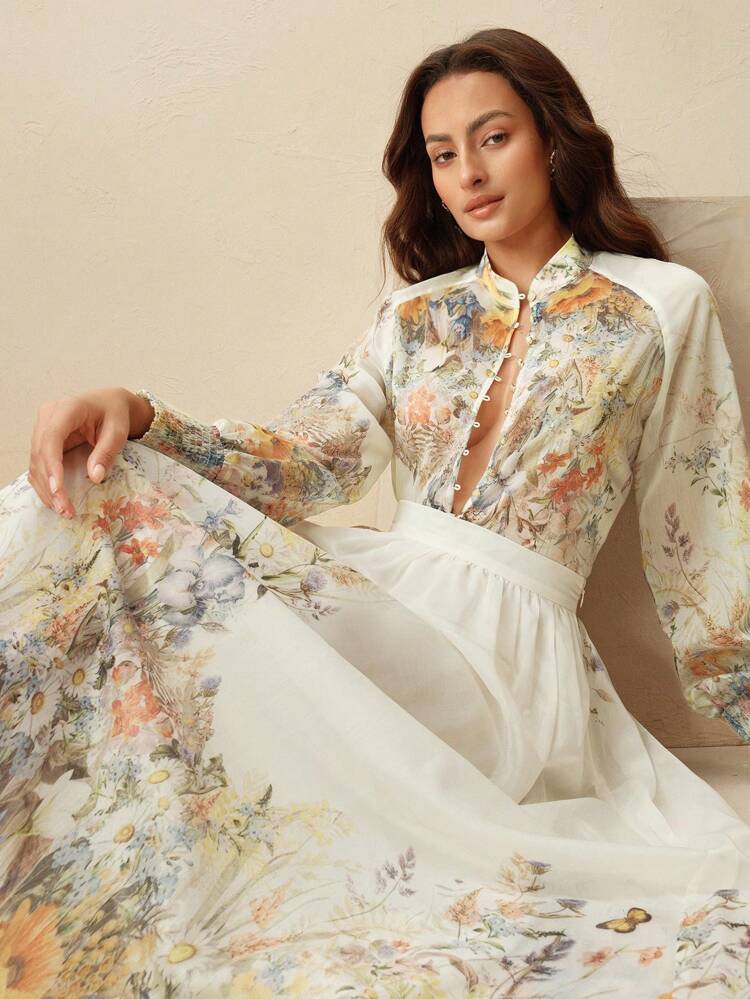 2 Pieces Set: Stand Collar Lantern Sleeve Printed Top + Skirt, Elegant & Graceful, European & American Style, 2025 New Arrival