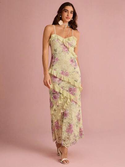 Enchnt Summer Romantic Women's Butter Yellow Floral Print Lace Sweetheart Neck Ruffle Hem Backless Slip Mermaid Maxi Dress,Sweet&Elegant For Vacation&Date&Holiday&Birthday&Party&Graduation&Wedding Guest&Beach,Prom Dress,Summer Dresses For Women,Sun Dresses For Women,Summer Clothes,Summer Outfits For Women,Elegant Dresses For Party,