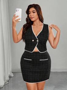 SHEIN LUNE Bộ 2 món thanh lịch bằng vải tuýt cỡ lớn cho nữ, áo vest và chân váy đơn hàng khuy đơn - màu đen - Xem 5