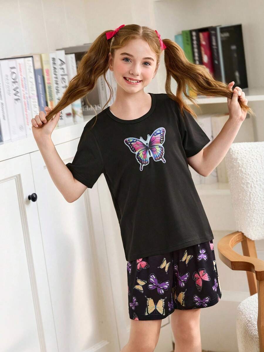 青少年女孩夏季蝴蝶印花圆领短袖上衣和短裤睡衣家居服套装，宽松休闲