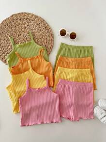 SHEIN 8pcs/Set Young Girl Solid Color Knit Camisole Top And Shorts Set - Multicolor - View 2