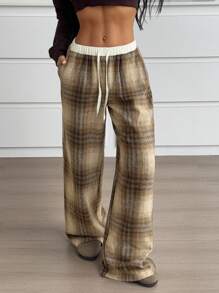 SHEIN EZwear Damen karierter Jogginghose mit Kordelzug und weitem Bund, lässige lange Hose