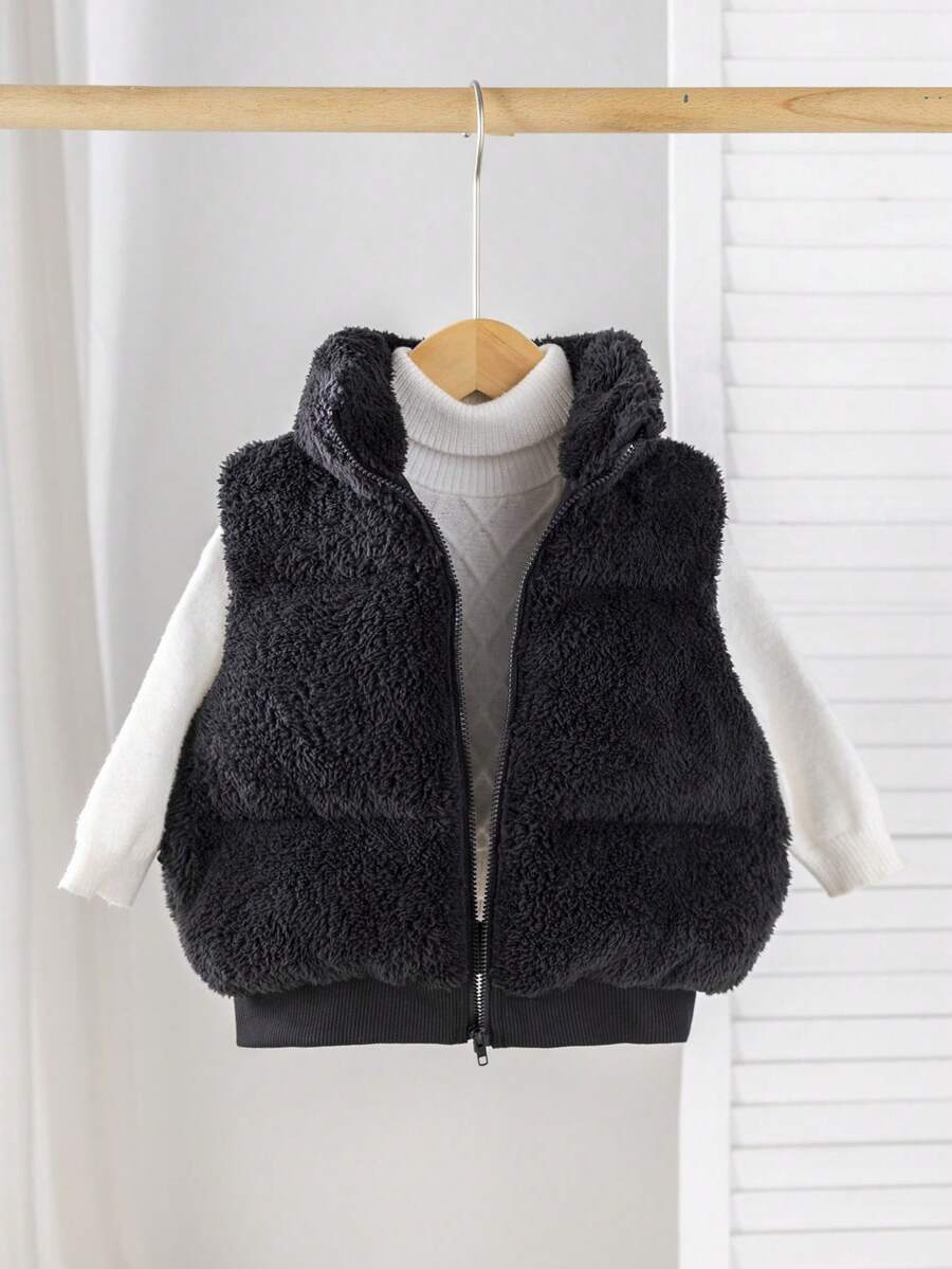 SHEIN Young Girl Solid Color Knit Fleece Vest Young Girl Fuzzy Vest Young Girl Fleece Vest Winter Vest Sherpa Vest Warm Vest - Black - View 1