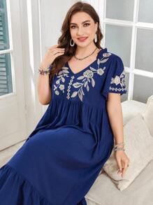 Lacomfia Damen Große Größen Plissee V-Ausschnitt Kurzarm locker sitzende große Größen Kleid mit floraler Stickerei und gerüschtem Saum, bequem für den Alltag, arabisches Maxikleid