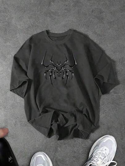 Sport MetroGents 男士蜘蛛印花宽松落肩运动T恤，适合夏季健身上衣，透气