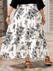 EMERY ROSE Plus Size Women Floral Print A-Line High Waist Tie Sash Ruffle Hem Maxi Skirt, Spring/Summer - White - View 2