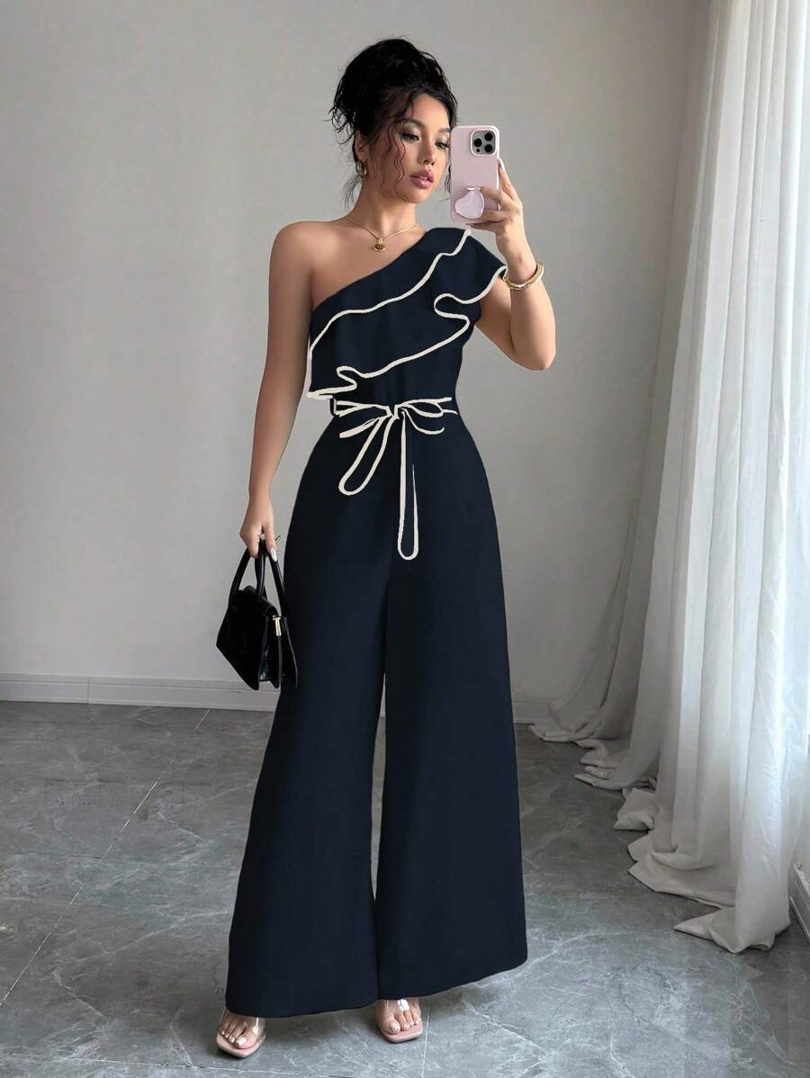 Elenzga 女式杏色斜肩荷叶边收腰直筒连体裤 - 藏蓝色 - 查看 1