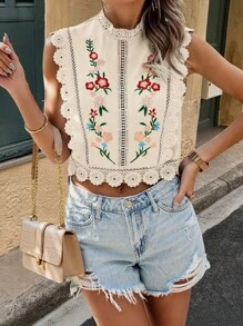 SHEIN LUNE 女士夏季休闲花朵刺绣拼布水溶蕾丝无袖衬衫女衬衫 - 卡其色 - 查看 3