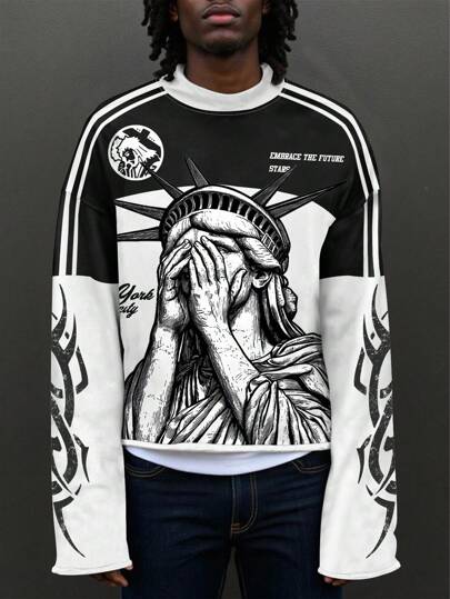 Manfinity EMRG Men Letter Print Contrast Color Round Neck Long Sleeve Casual Pullover Sweatshirt, Fall