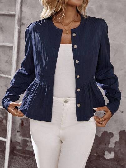 EMERY ROSE 女式纯色圆领泡泡长袖单排扣休闲荷叶边下摆夹克 秋装 女式秋季连衣裙 秋季服装 女式秋季服装 女式秋装 女式秋冬服装 女式冬季教师服装 女式外出上衣 女式商务休闲装 女式商务休闲装 女式商务休闲装 女式乡村服装 女式老款基本款教师服装 女式外出上衣 女式返校秋季女装