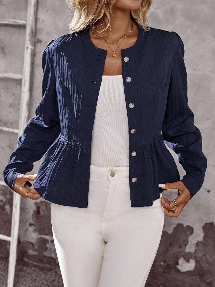 Women Solid Color Round Neck Bubble Long Sleeve Single-Breasted Casual Ruffle Hem Jacket Fall Autumn Winter Teacher Going Out Business Casual Country Old Money Basic Teacher Going Out Back To School Fall