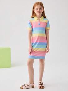 SHEIN Vestido ajustado de punto con cuello polo informal para niñas preadolescentes, primavera/verano - Multicolor - Ver 2