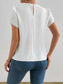 EMERY ROSE Women's Elegant Plain Color Laser Cut Fabric Frill Trim Peplum Sleeve Shirt White Blouse