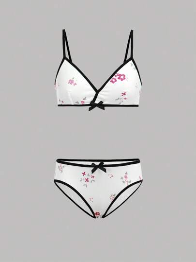 2件套少女女孩花卉印花蝴蝶结装饰无钢圈文胸和内裤内衣套装