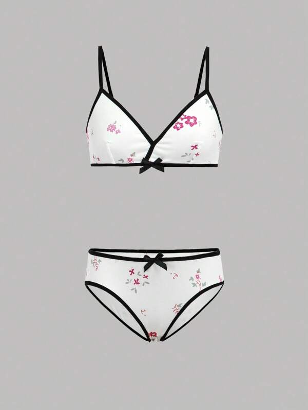 NotGurli 2 Stück/Set Unterwäsche-Set für Teenager-Mädchen mit Blume Muster-Verzierung und Schleife, Bralette und Slip