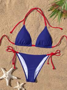 Swim Vcay Bikini de verano de estilo vacacional con corte de contraste y lazo en el cuello para mujer