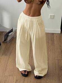 Coolane 女式夏季简约波西米亚风度假休闲基本款日常穿着亚麻舒适低腰宽松裤 - 杏色 - 查看 5