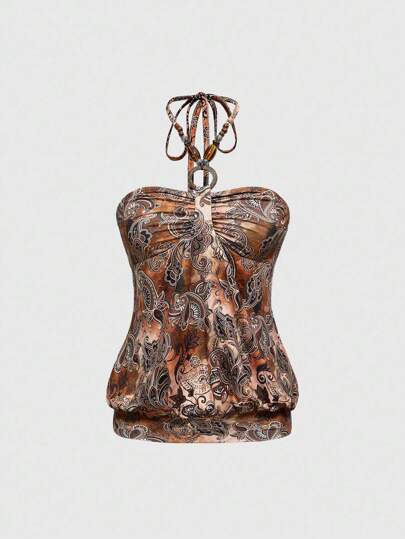 Collar macramé hippie y blusa de tirantes de mujer con estampado vintage de flor de anacardo