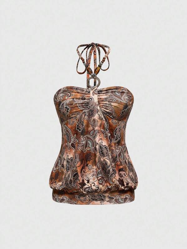 ROMWE Hippie Hippie Macrame Necklace & Vintage Cashew Flower Print Women's Tank Top