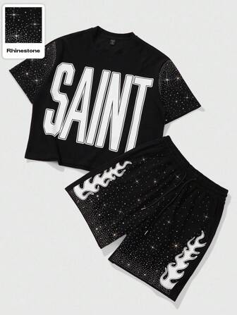 Street Life 2pcs Streetwear Style Rhinestone Effect English Graphic Cropped T-Shirt Set